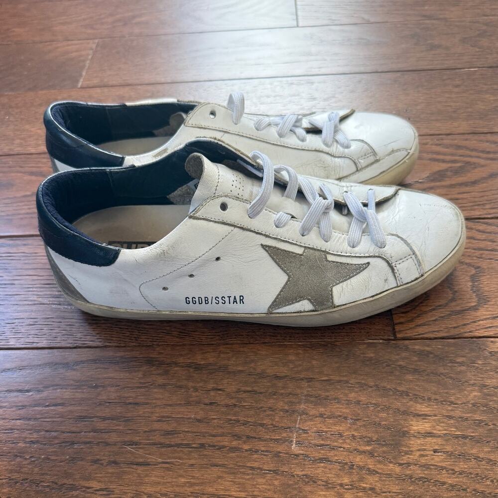 Golden Goose Super-Star Distressed Sneakers – White Leather with Navy Heel